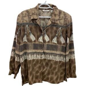 TanJay Womens Long Sleeve South Western Tassel Print Brown Shirt Blouse Size 10‍